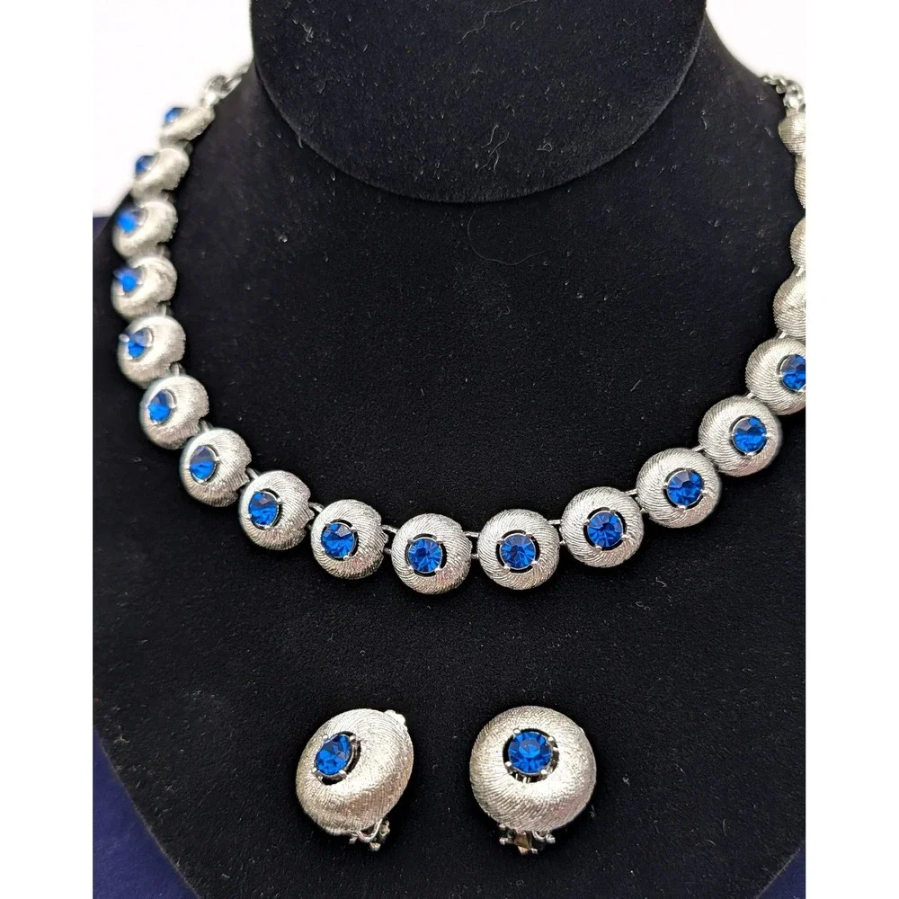 Vintage Silver Tone Blue Rhinestone Choker Necklace and Clip On Earrings Set